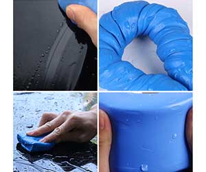 Top-down view of blue clean polishes clay being used on a dark car finish, with a separate image showing the clay being stretched.