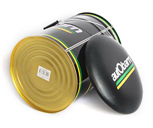 Metal Seat bucket with lid: Autobarn custom branding, viewed from the side.