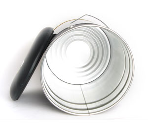 Portable bucket seat showing the inner metal structure and lid.