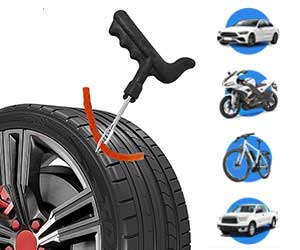 Portable tire repair kit for car, truck, motorcycle, ATV, and bicycle use.