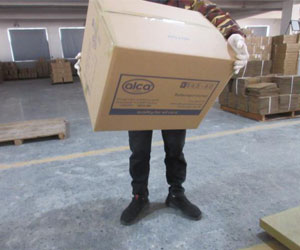 QC wearing gloves holding a large sealed shipping carton labeled alca to perform a drop test, which is marked as a pass for package durability.
